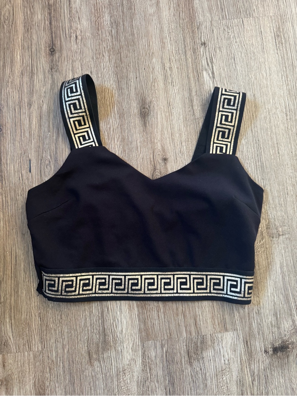 Black Crop Tank with Metallic Greek Key Straps